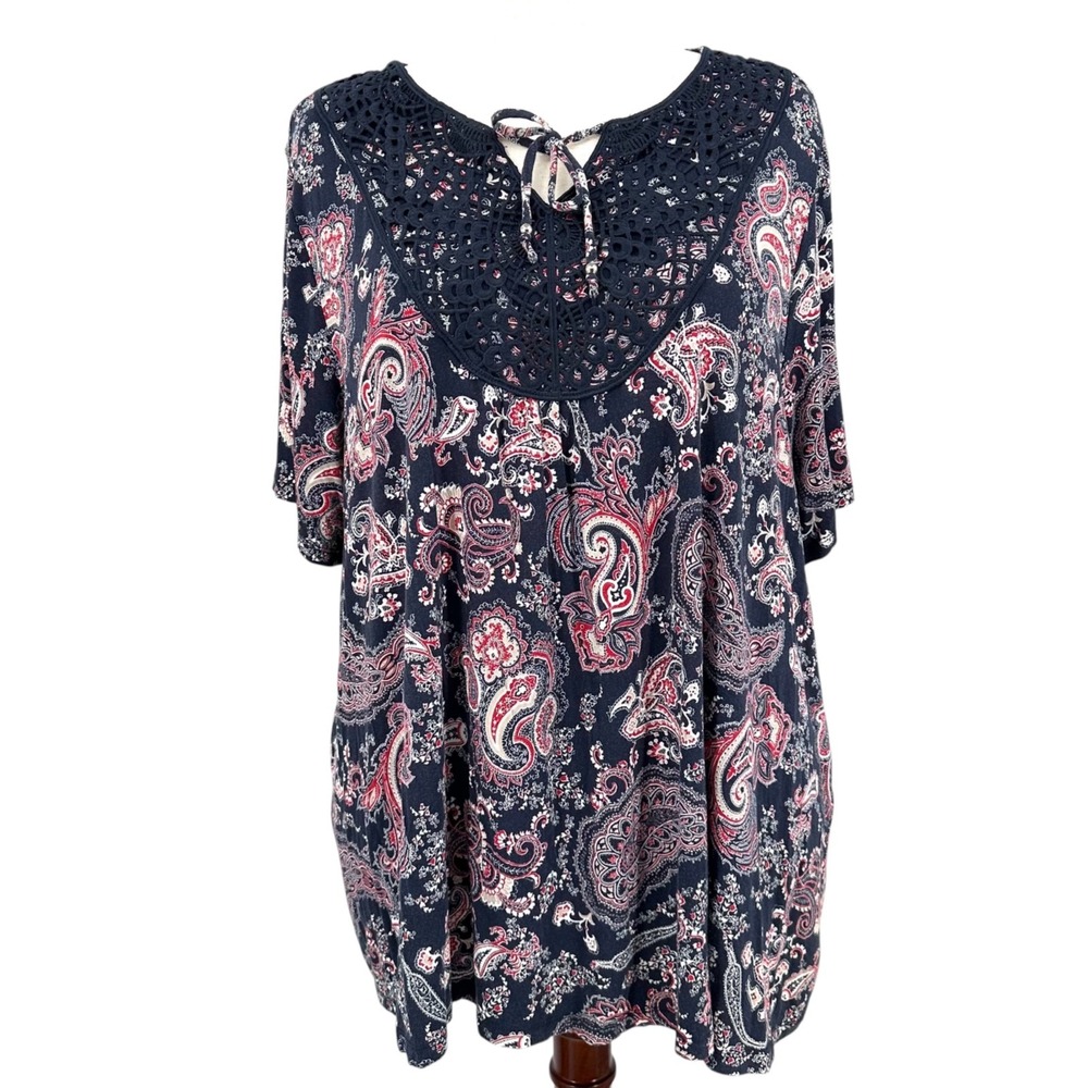 CATHERINES Peasant Top Short Sleeve Navy & Pink Paisley Crochet Trim Size 18/20W